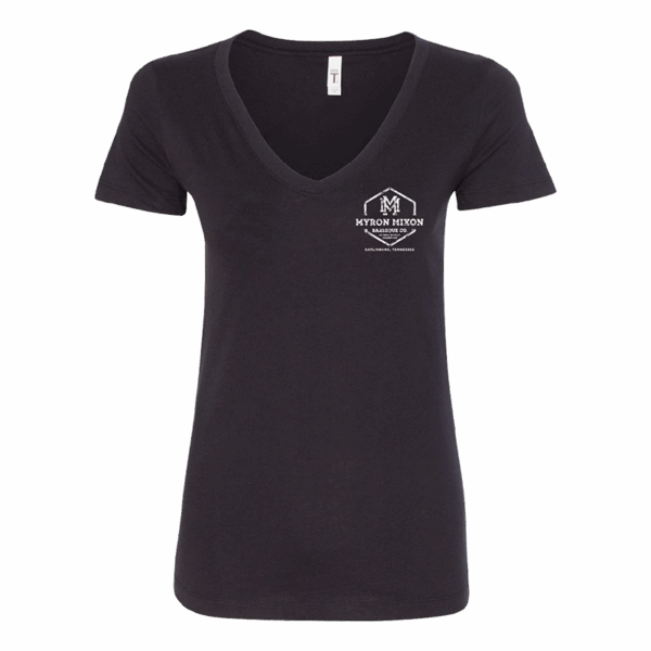 Myron Logo T-Shirt Women's V-Neck Black - Image 3